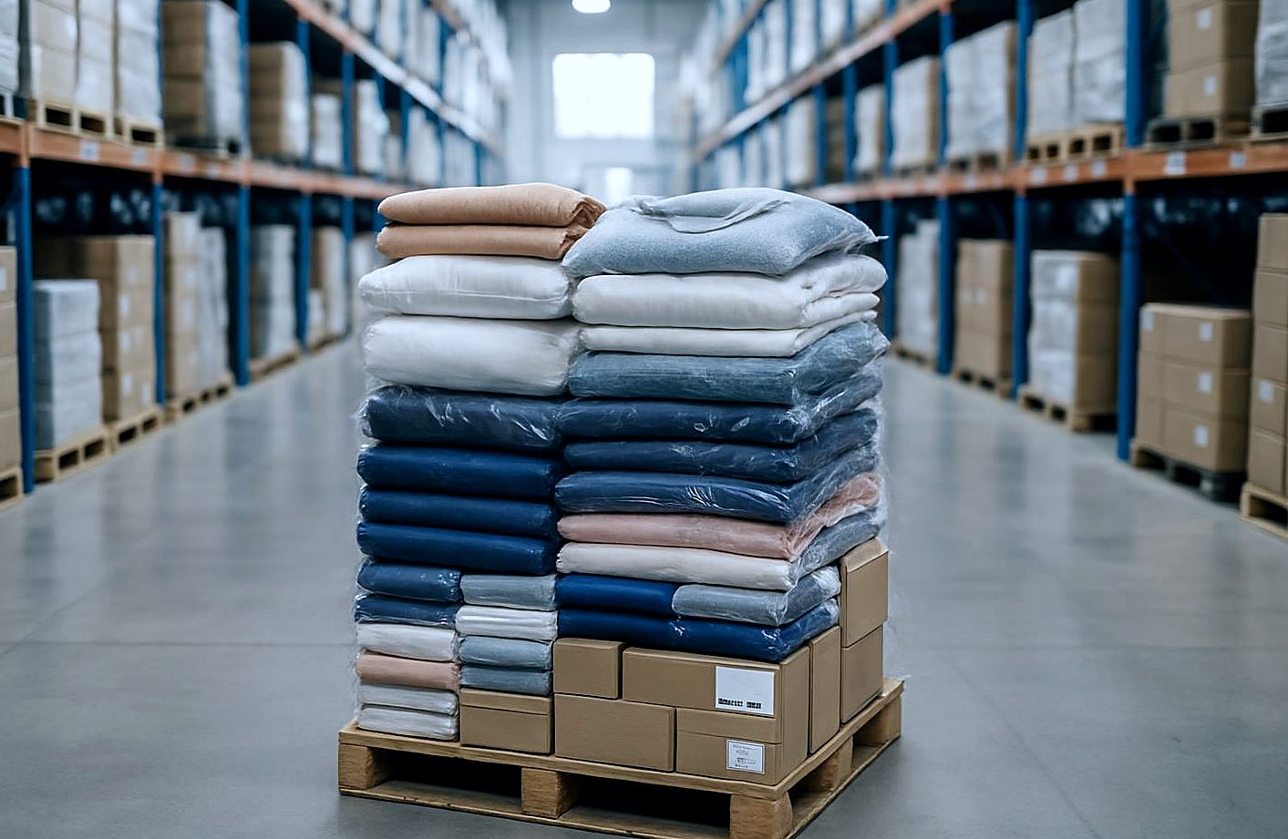 Mixed catalogue crates staged in a warehouse aisle